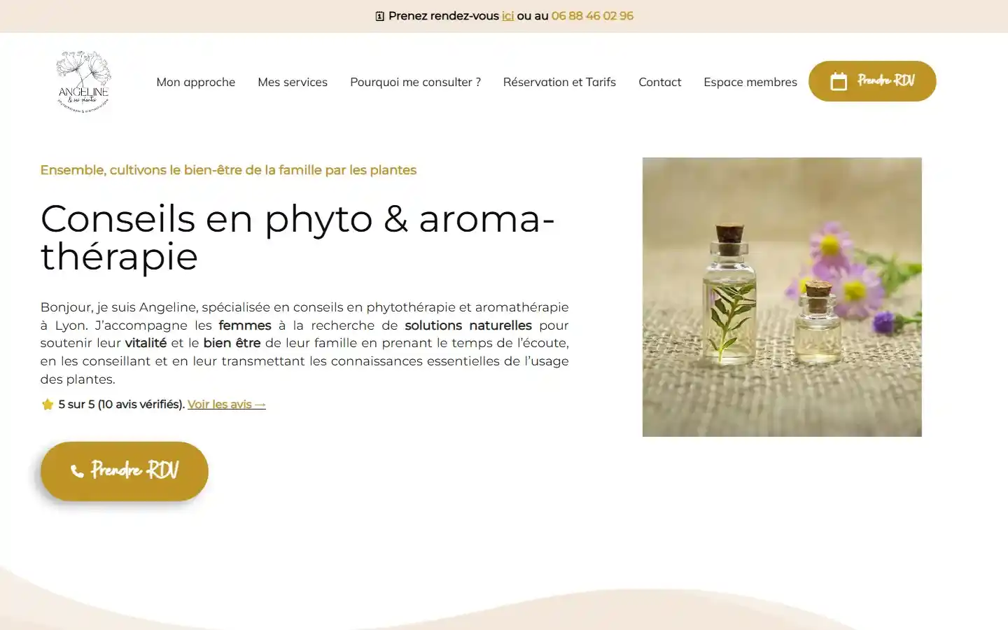 Page d’accueil d’Angéline et ses plantes : « Conseils en phyto & aroma-thérapie », bouton Prendre RDV.