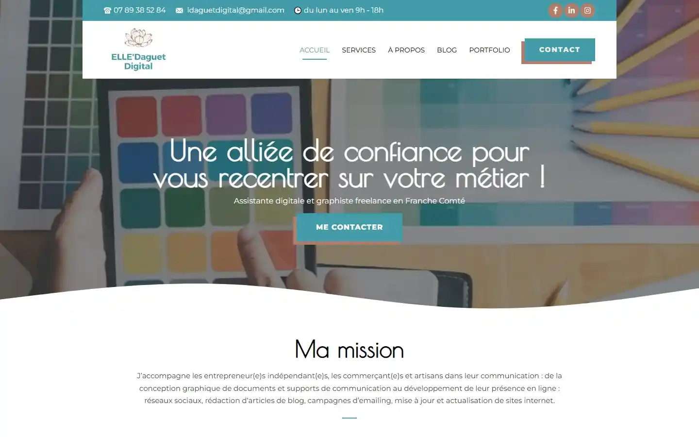 Page d’accueil d’Elle Daguet Digital : « Une alliée de confiance pour vous recentrer sur votre métier », bouton Me contacter.