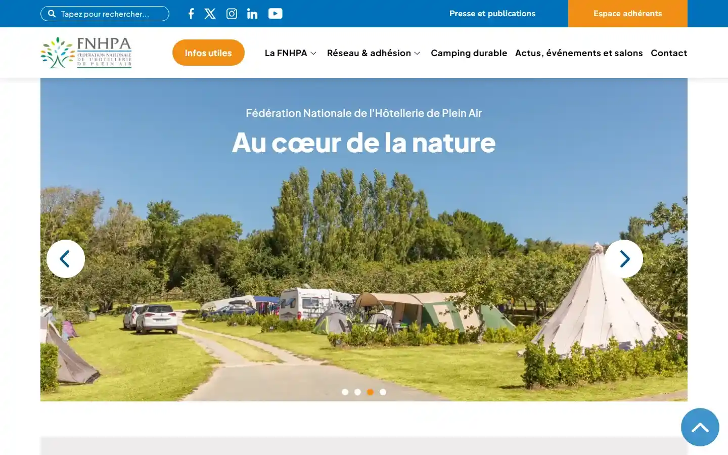 Page d’accueil de la FNHPA : photo de camping « Au cœur de la nature », menu Infos utiles et Espace adhérents.