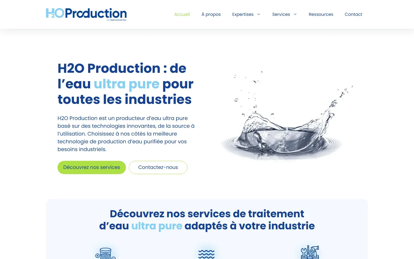 Page d’accueil de H2O Production : « de l’eau ultra pure pour toutes les industries », boutons services et contact.