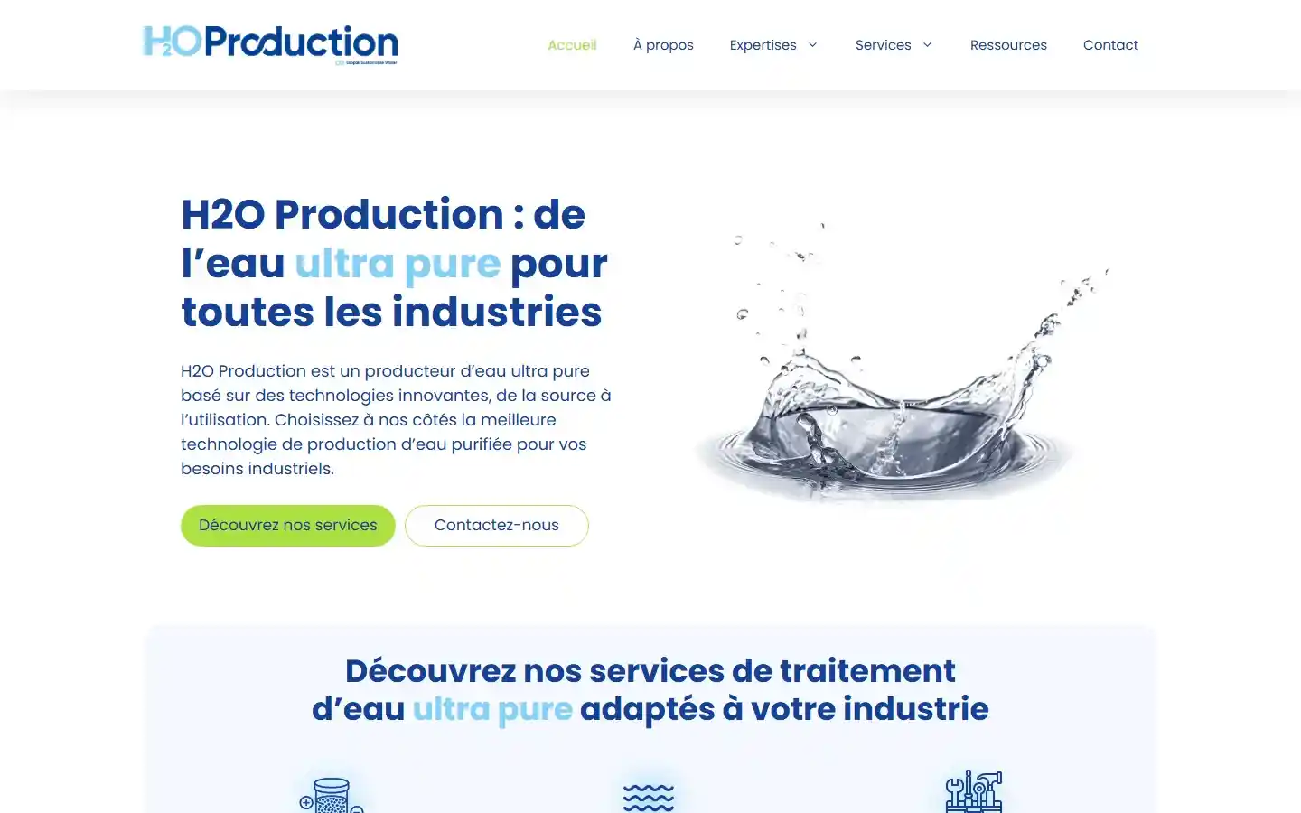 Page d’accueil de H2O Production : « de l’eau ultra pure pour toutes les industries », boutons services et contact.