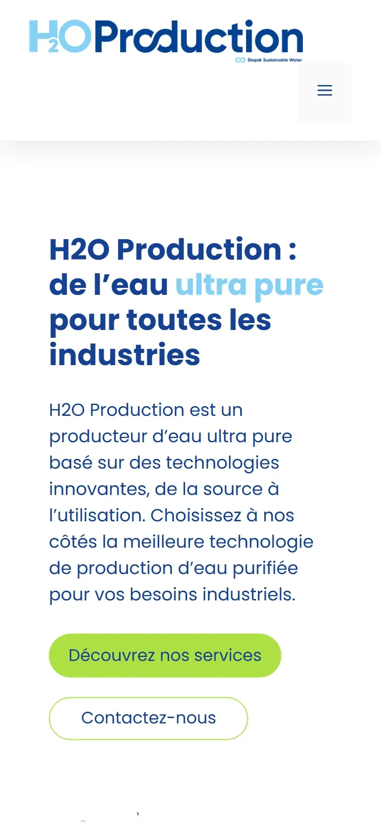 Page d’accueil de H2O Production sur mobile.