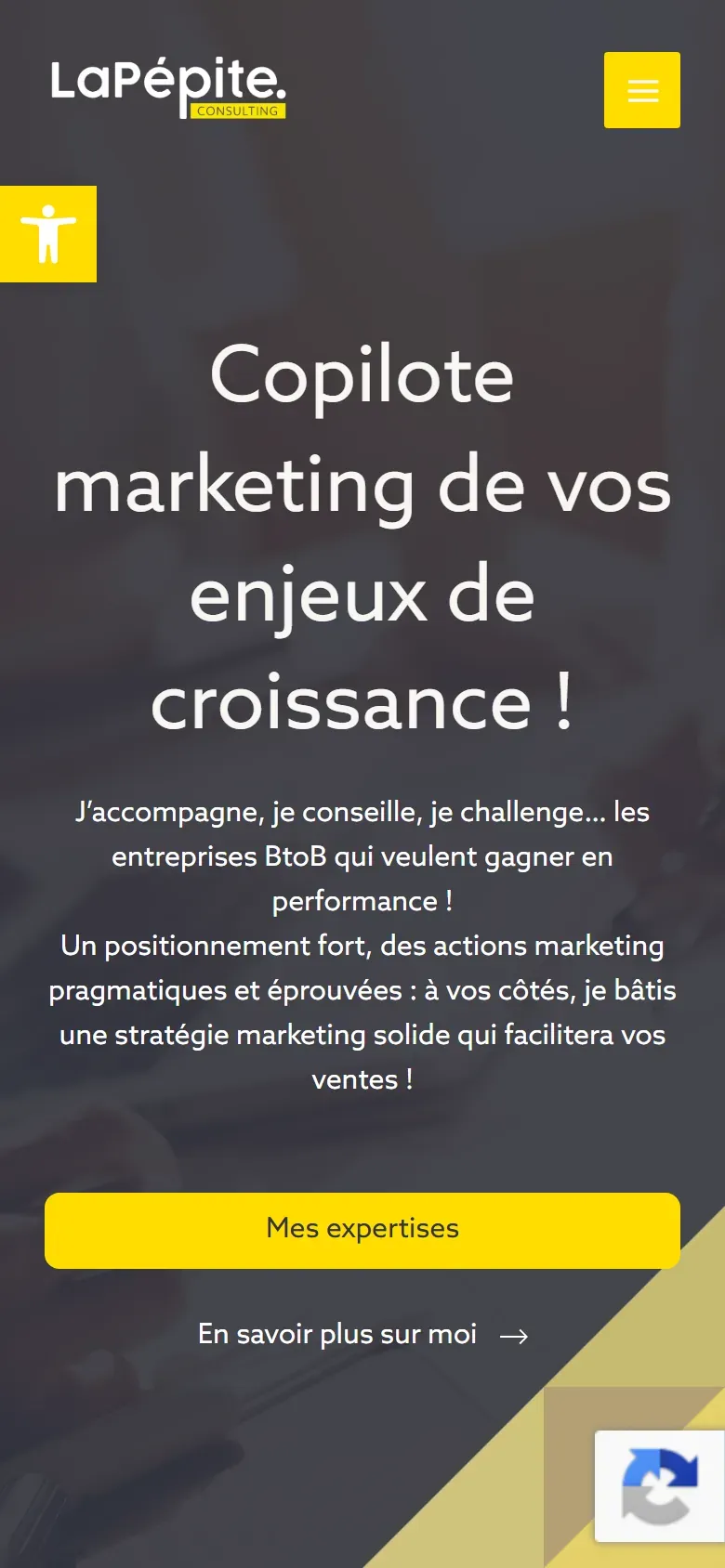 Page d’accueil de La Pépite Consulting sur mobile.