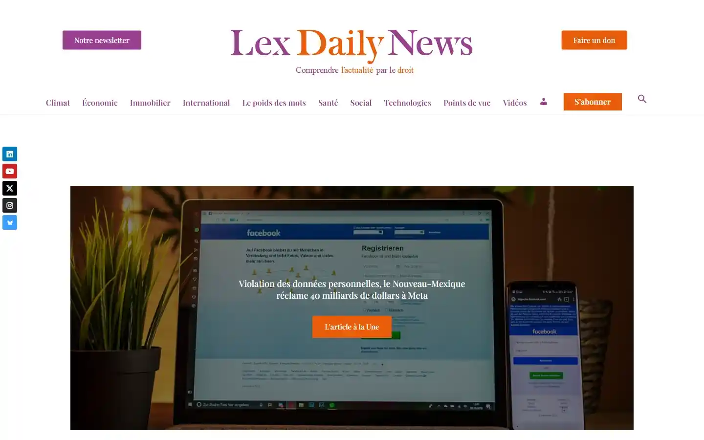 Page d’accueil de Lex Daily News : rubriques, bouton S’abonner et article à la Une.
