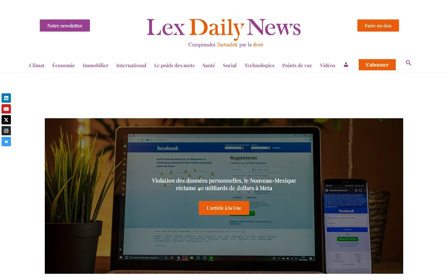 Page d’accueil de Lex Daily News : rubriques, bouton S’abonner et article à la Une.