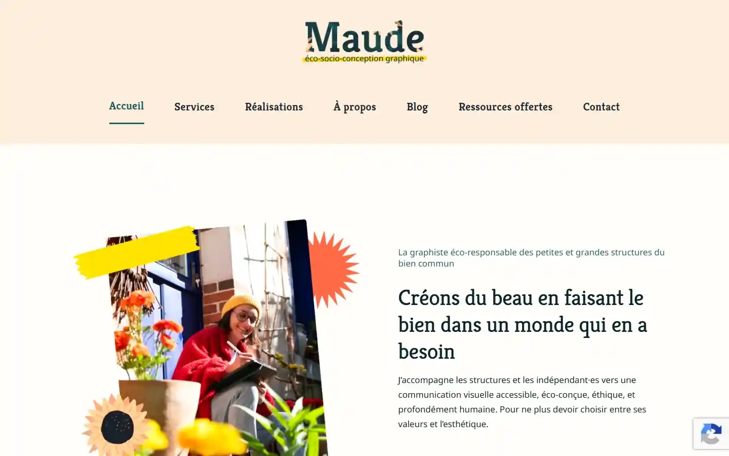 Page d’accueil de Maude de Goër, graphiste : photo et accroche « Créons du beau en faisant le bien ».